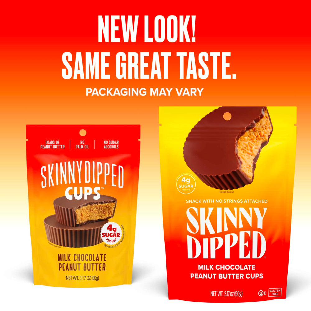 SkinnyDipped gluten-free badge on packaging for gluten sensitive diets.