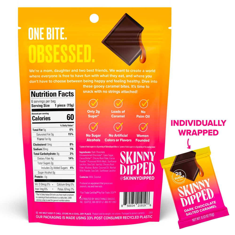 SkinnyDipped gooey caramel center close-up highlights indulgence with keto-friendly appeal.