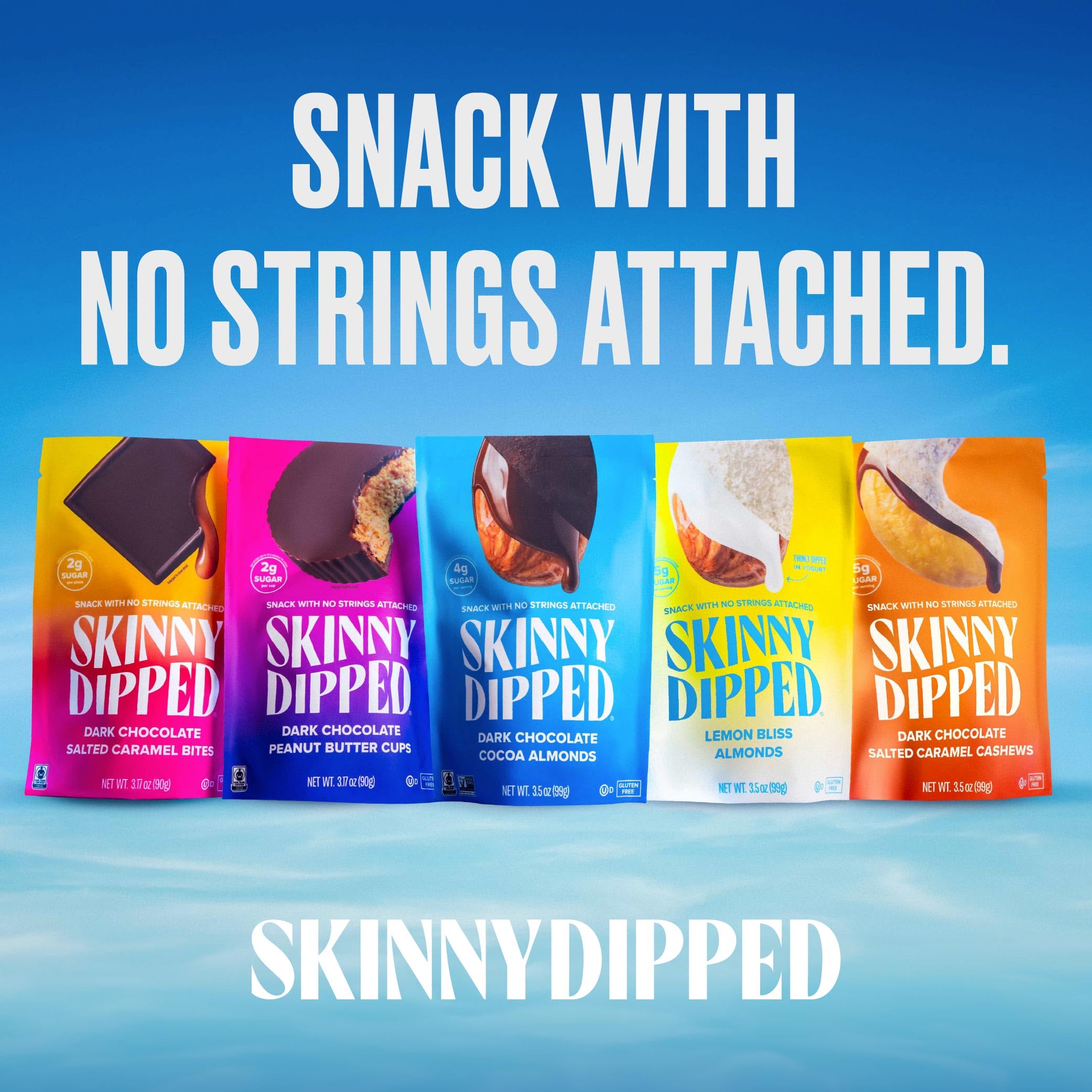 SkinnyDipped individually wrapped bites highlight portion control and portability.