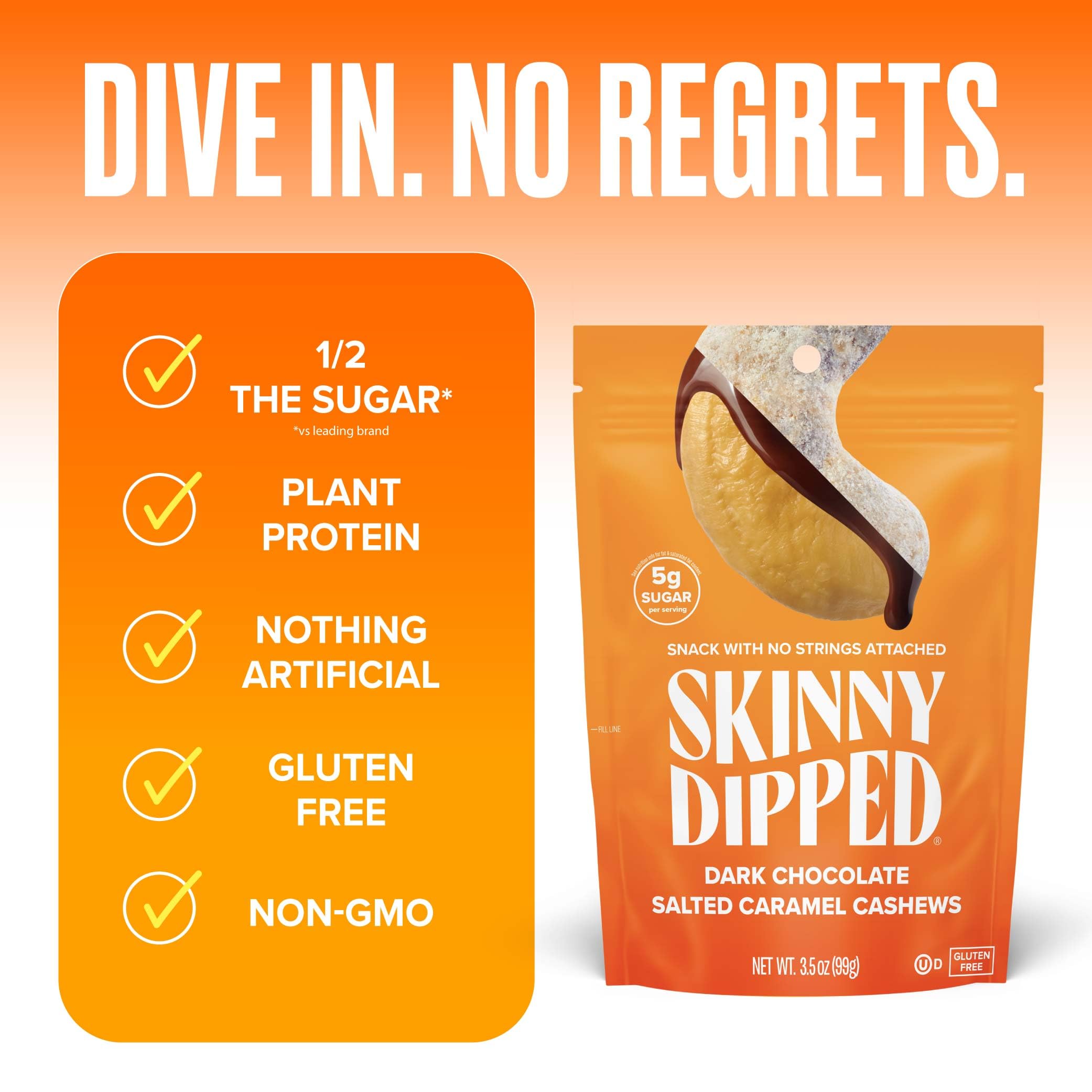 SkinnyDipped ingredients closeup shows cashews and chocolate coating texture for gourmet appeal.