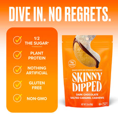 SkinnyDipped ingredients closeup shows cashews and chocolate coating texture for gourmet appeal.
