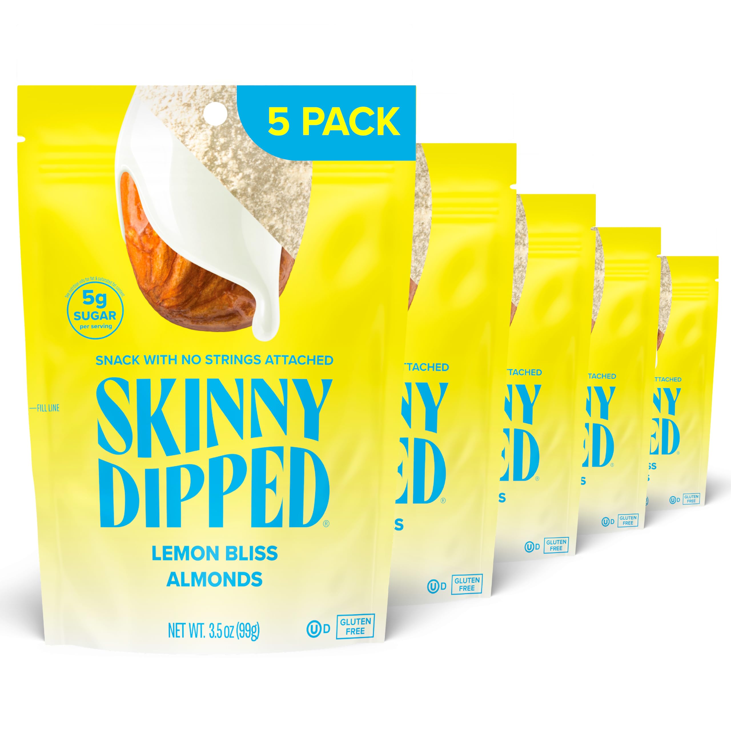 SkinnyDipped Lemon Bliss Almonds bag for on-the-go snacking with resealable closure.