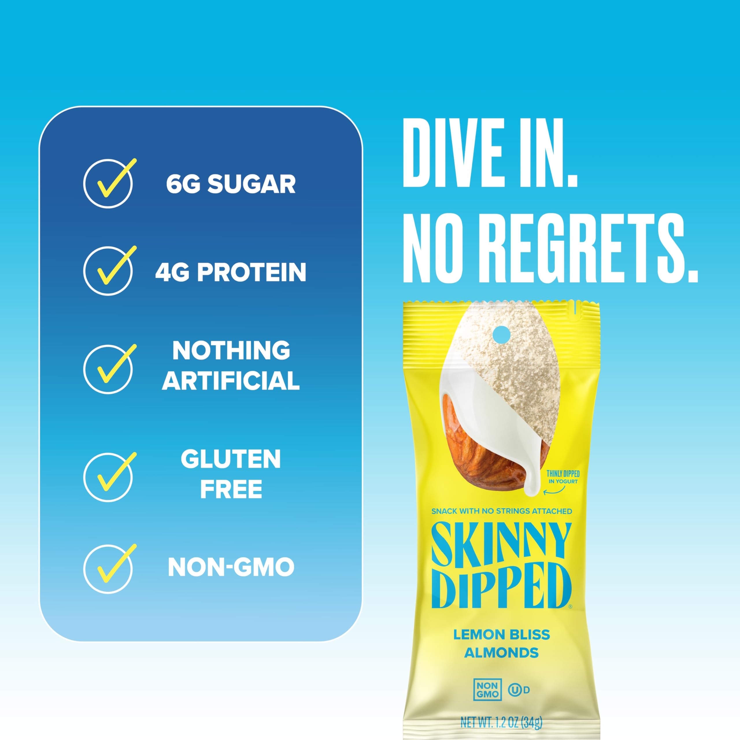 SkinnyDipped Lemon Bliss Almonds close-up reveals yogurt coating and bright lemon notes