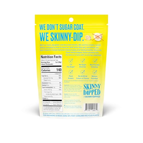 Close-up of SkinnyDipped Lemon Bliss Almonds showing creamy lemon coating and crunch.
