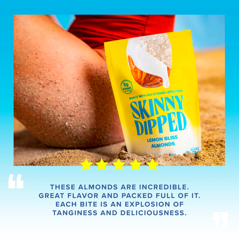 SkinnyDipped Lemon Bliss inside bag emphasizes convenient 0.46 oz portions.