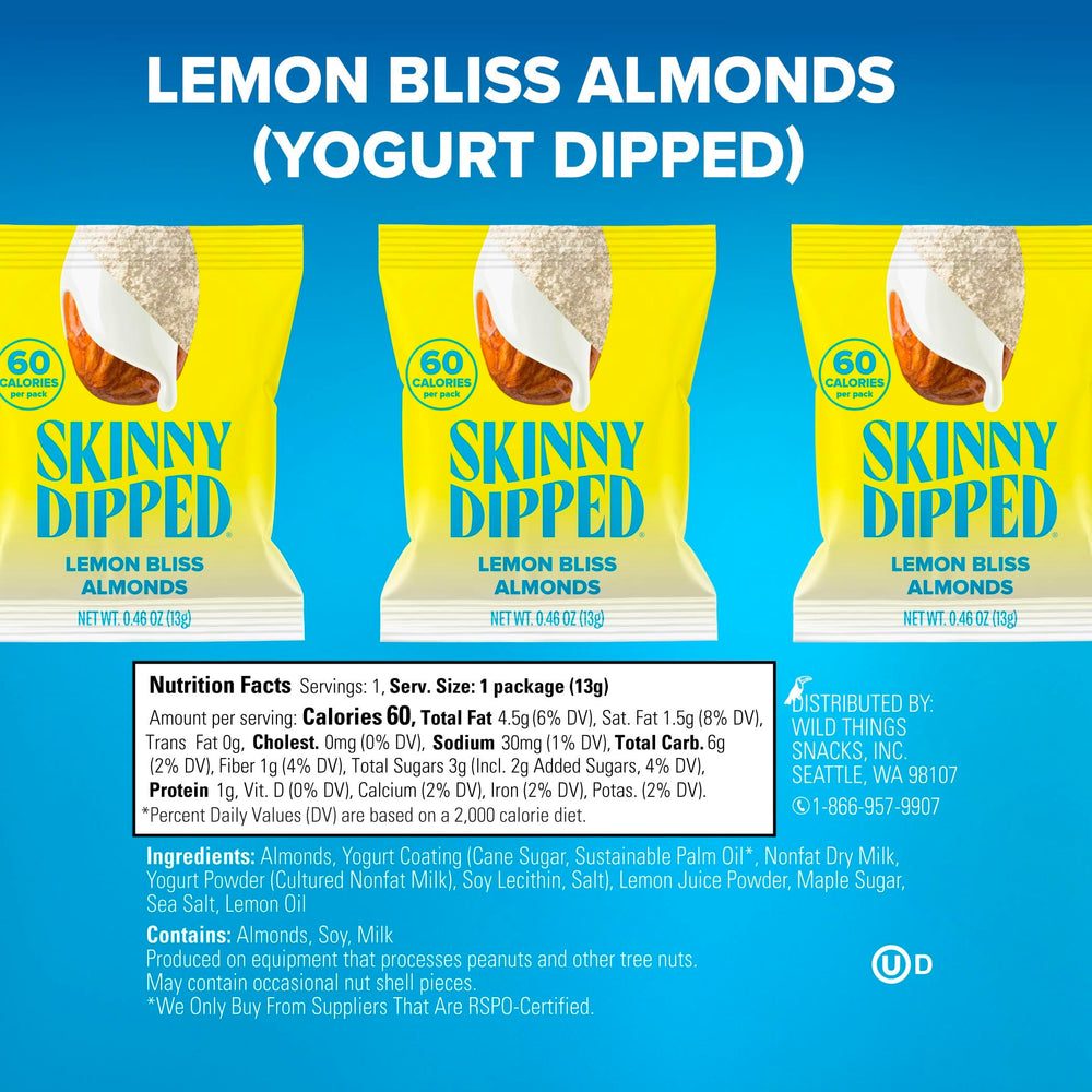 SkinnyDipped Lemon Bliss mini-pack closeup showing creamy lemon coating for a tasty bite.
