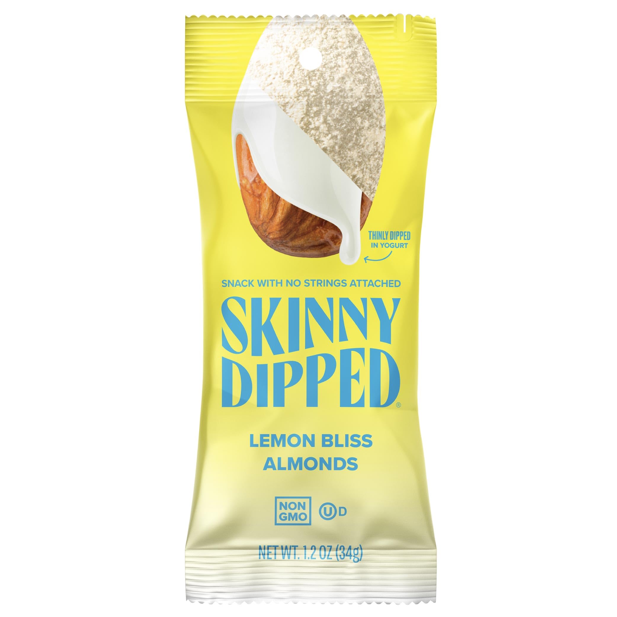 SkinnyDipped Lemon Bliss Almonds packaging, a convenient on-the-go healthy snack