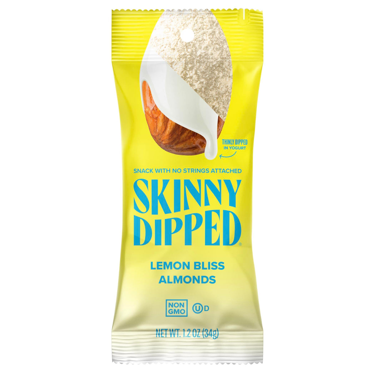 SkinnyDipped Lemon Bliss Almonds packaging, a convenient on-the-go healthy snack