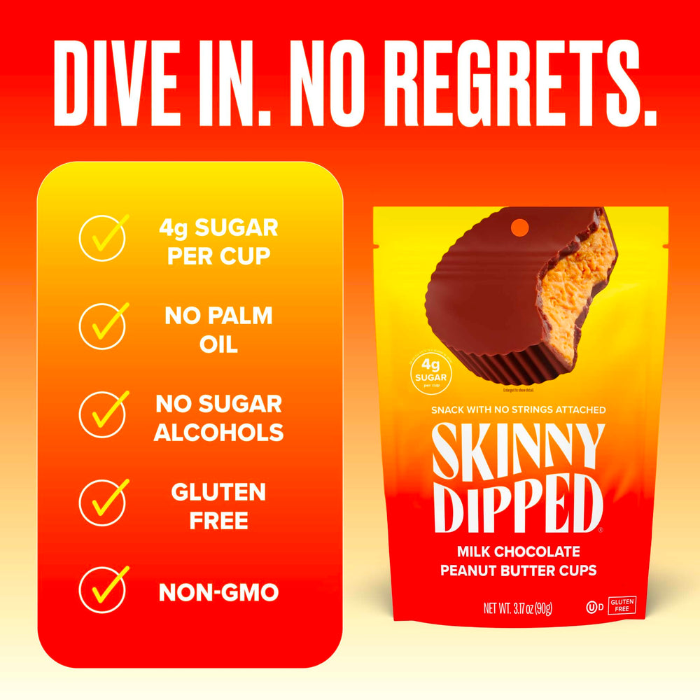 SkinnyDipped low sugar cup showing 4g sugar per piece for a lighter choice.