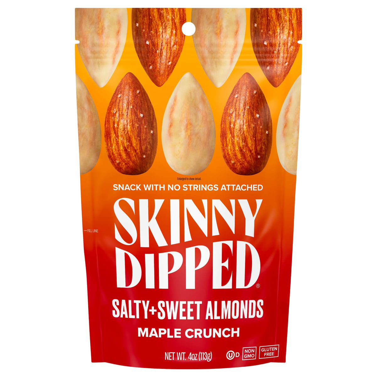 Skinny Dipped Maple Crunch almonds in a crunchy coating, ideal for on-the-go snacking.