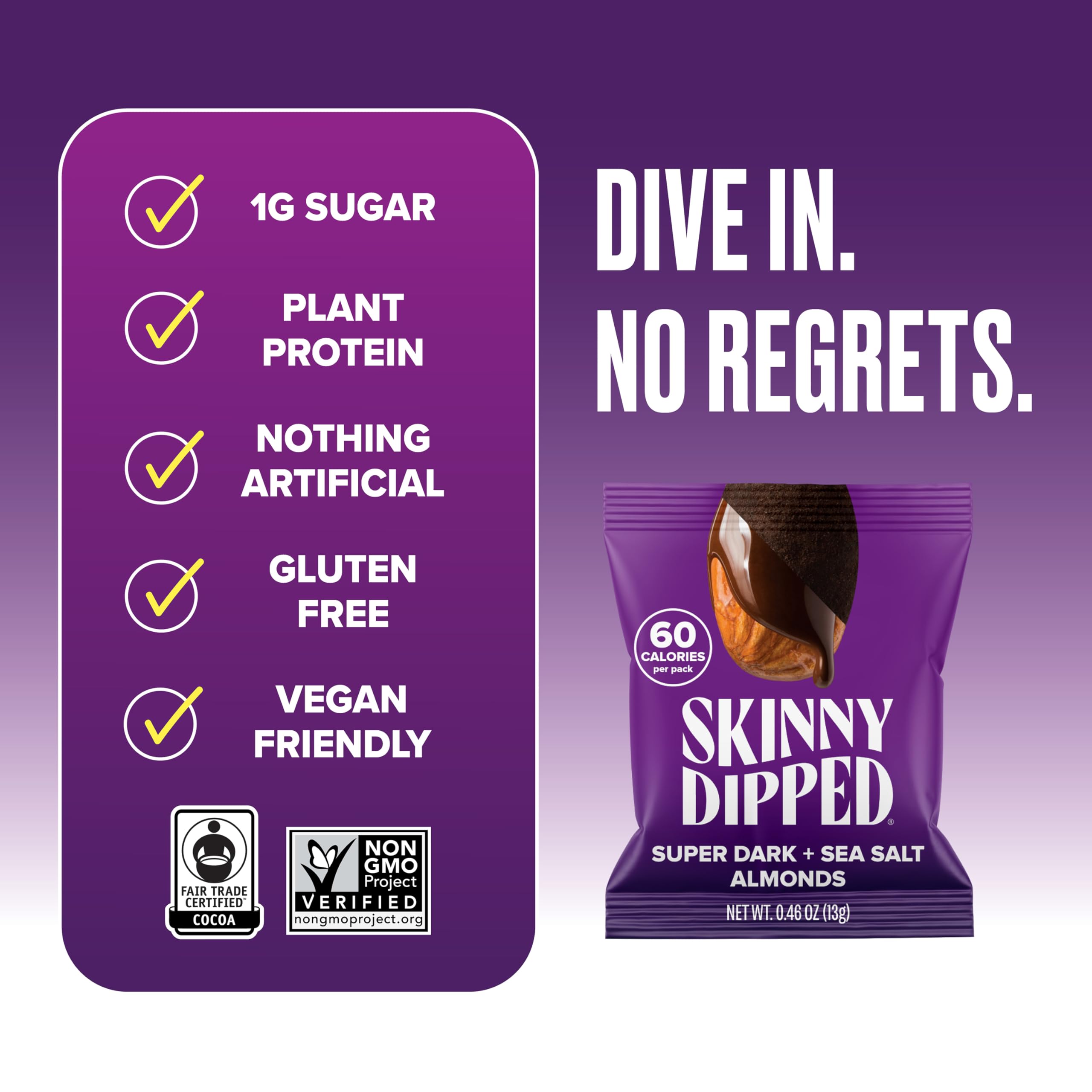 Maple sugar dusting on SkinnyDipped almonds for balanced sweetness