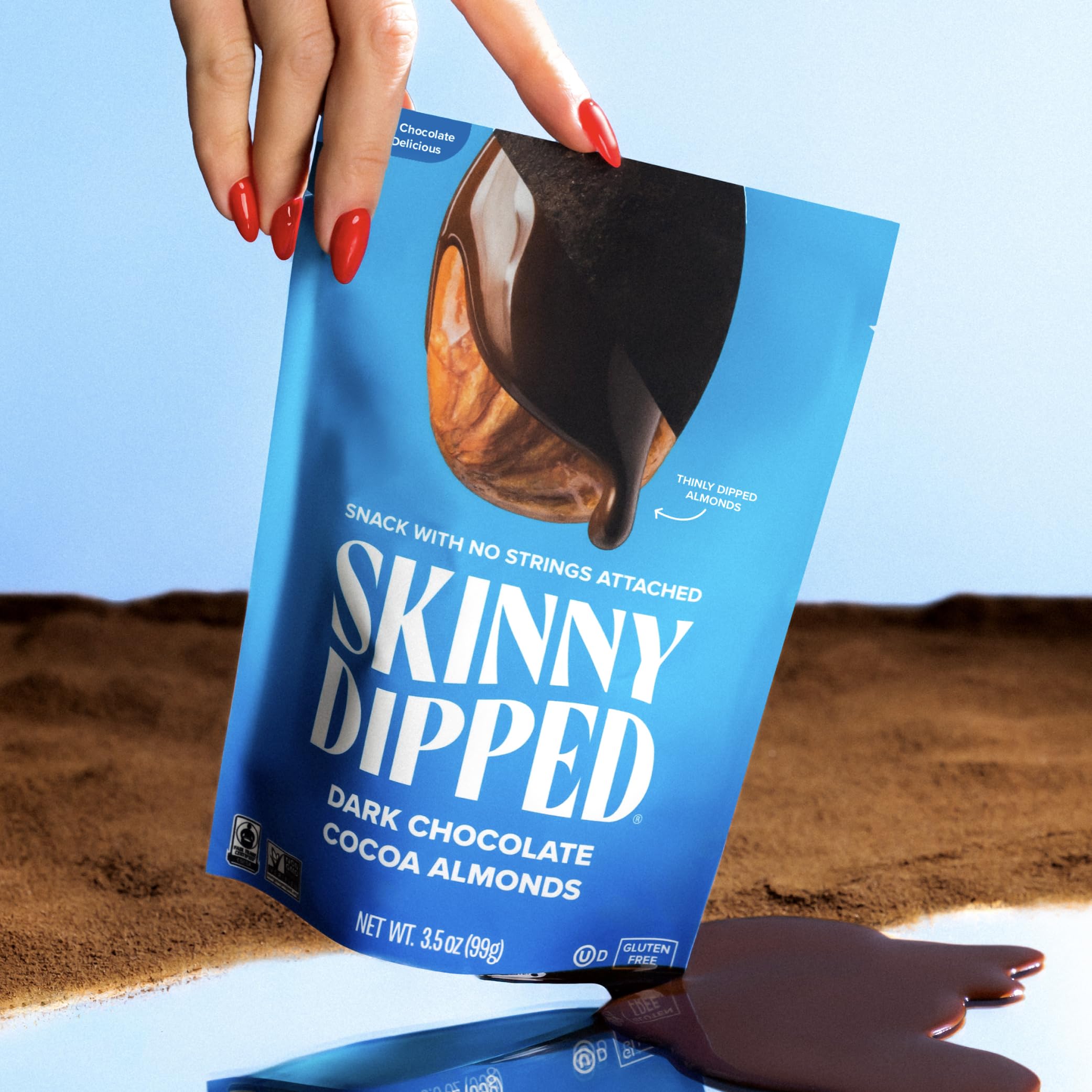SkinnyDipped gluten-free and kosher labeling on packaging.