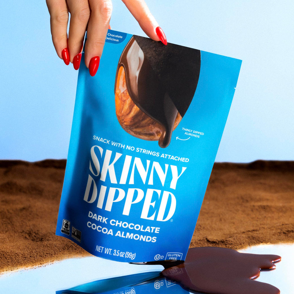 SkinnyDipped gluten-free and kosher labeling on packaging.