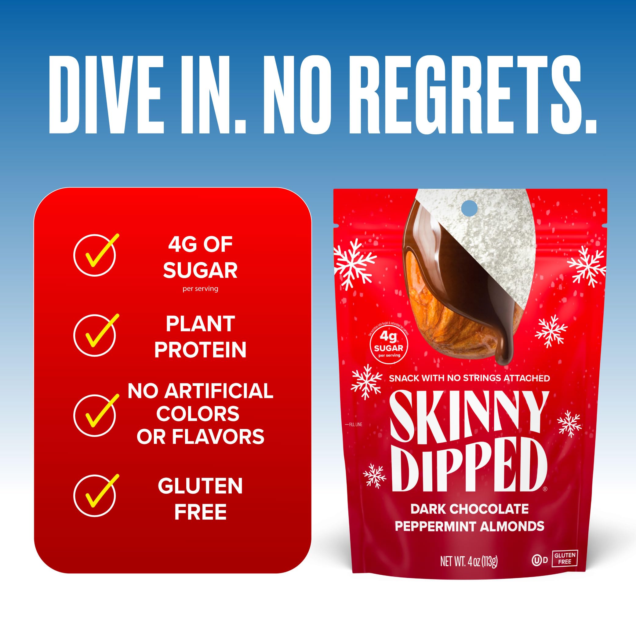 SkinnyDipped whole roasted almonds enrobed in dark and white chocolate with peppermint finish.
