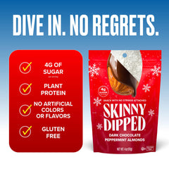 SkinnyDipped whole roasted almonds enrobed in dark and white chocolate with peppermint finish.