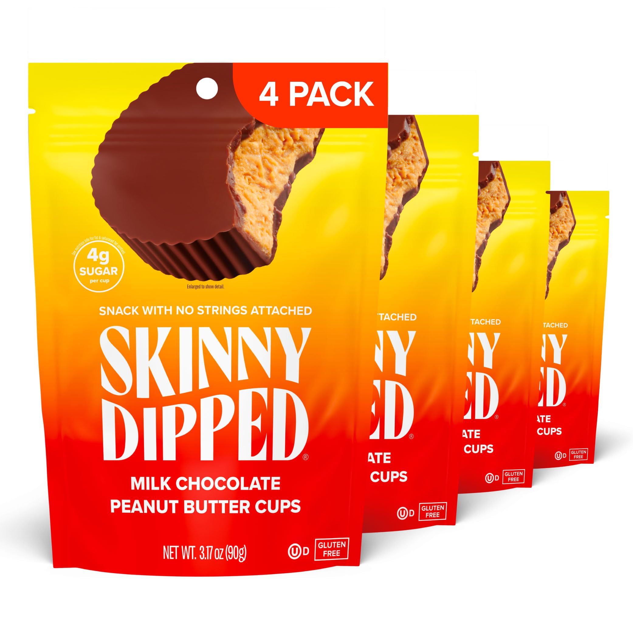 SkinnyDipped Milk Chocolate Peanut Butter Cups packaging highlights gluten-free, low sugar indulgence.