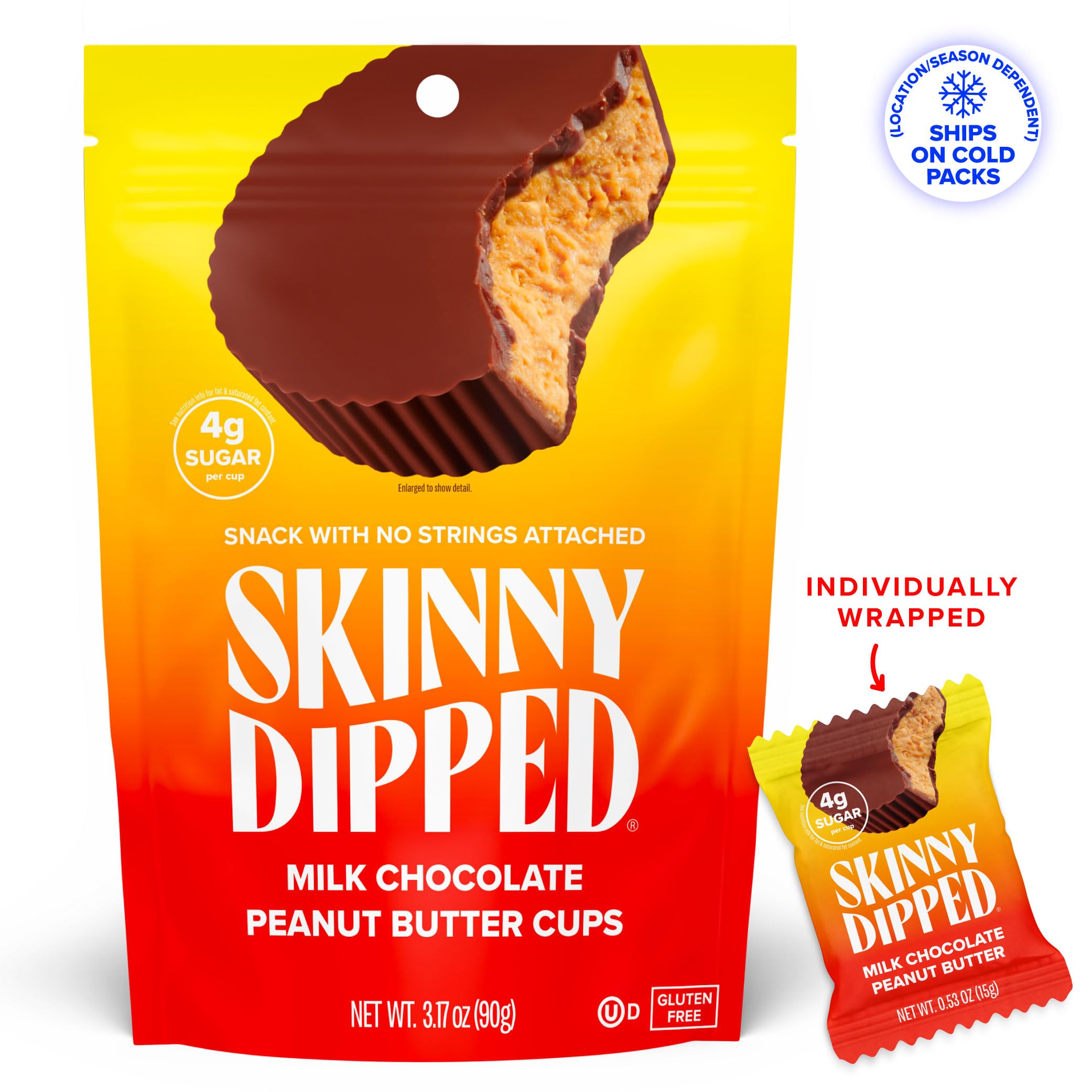 SkinnyDipped milk chocolate shell detail shows thin, delicate chocolate texture.