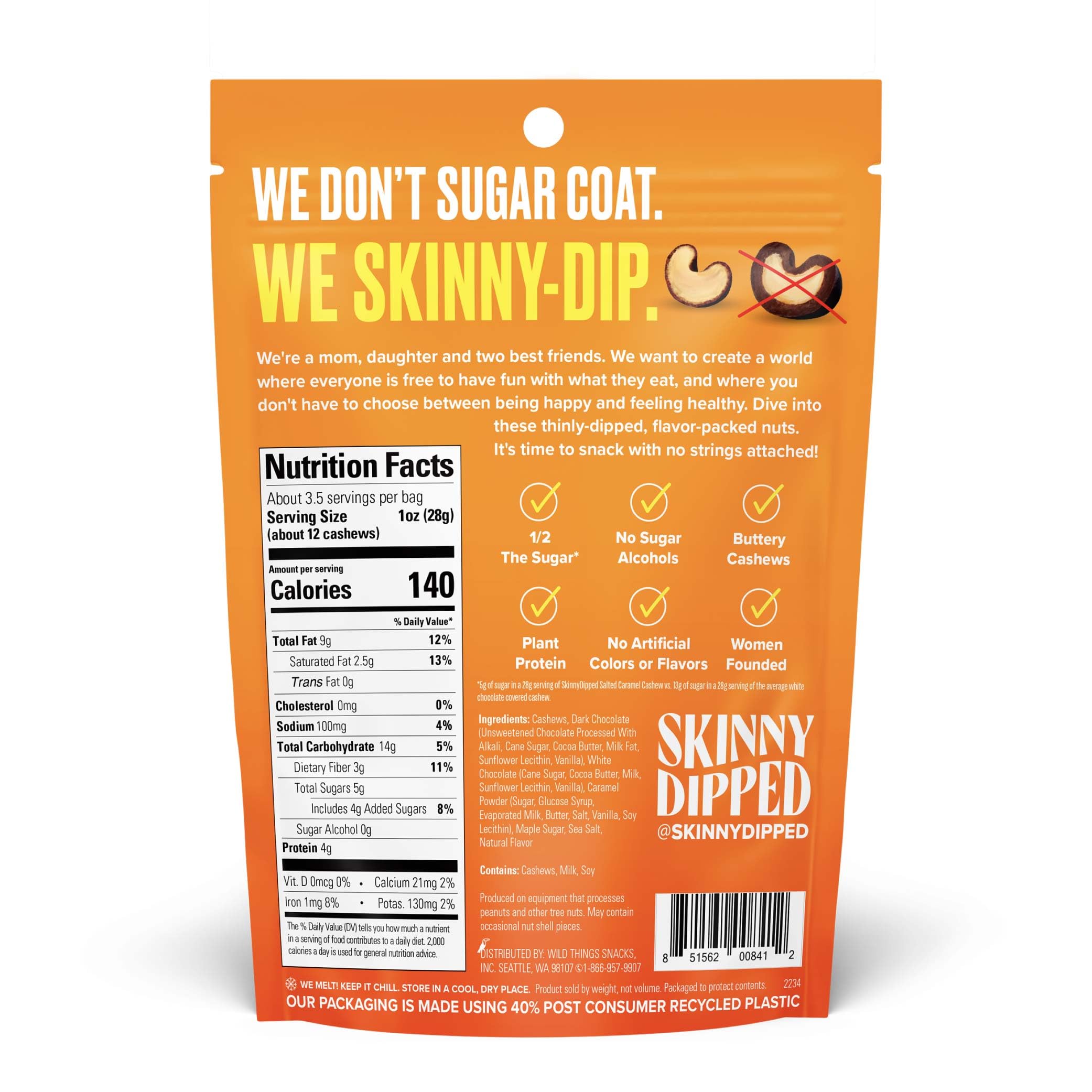 SkinnyDipped nutrition facts panel highlights protein and gluten-free status.