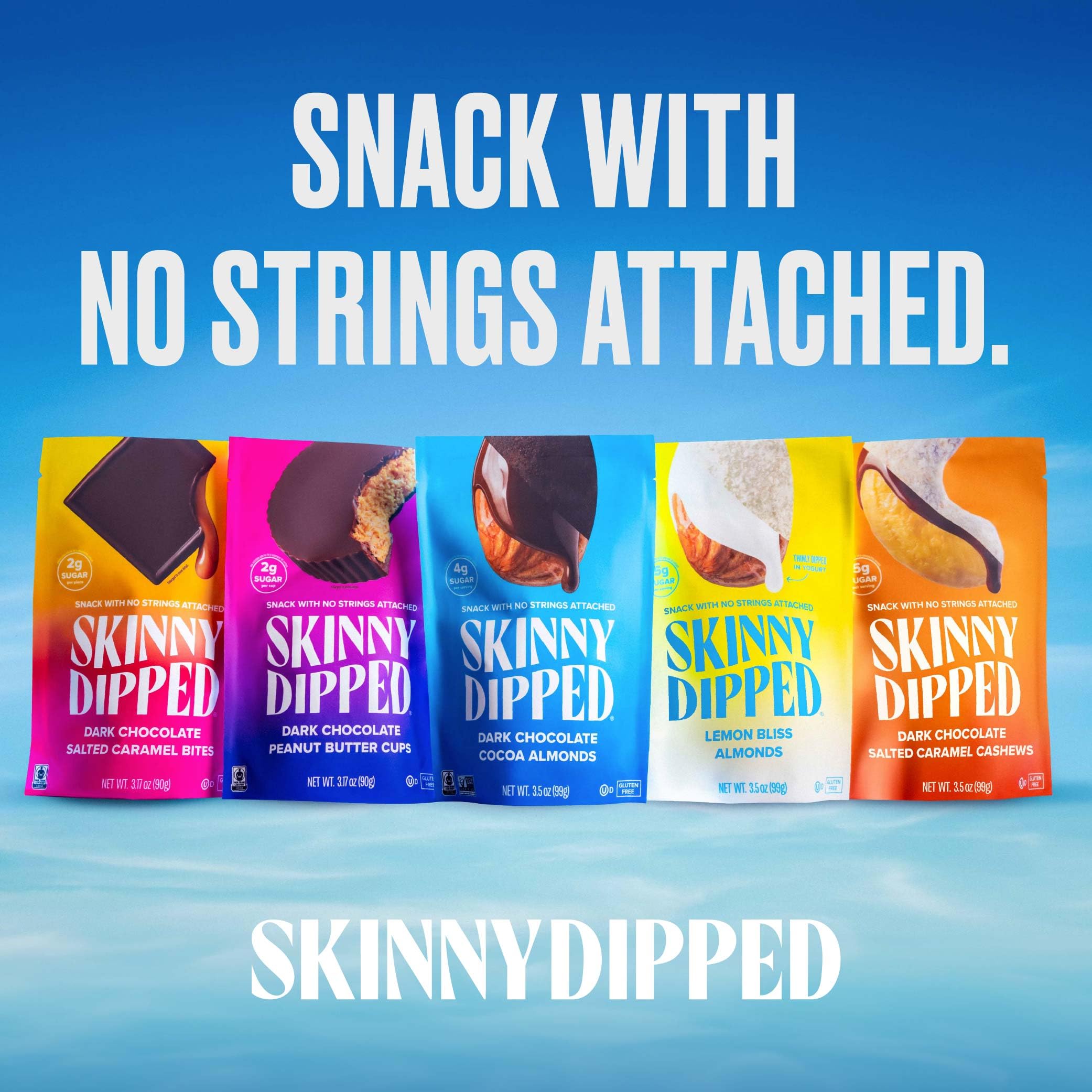 SkinnyDipped on-the-go snack scene ready to enjoy anywhere.