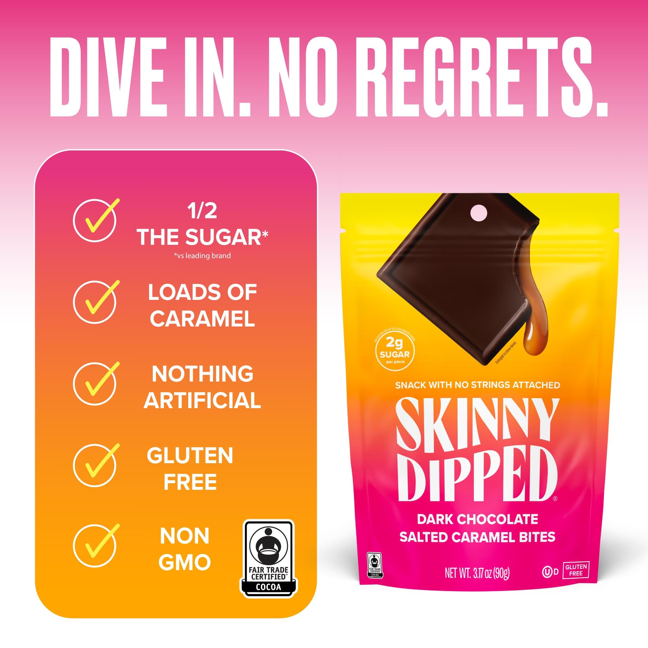 SkinnyDipped packaging with four bags shows easy, on-the-go snacking options.