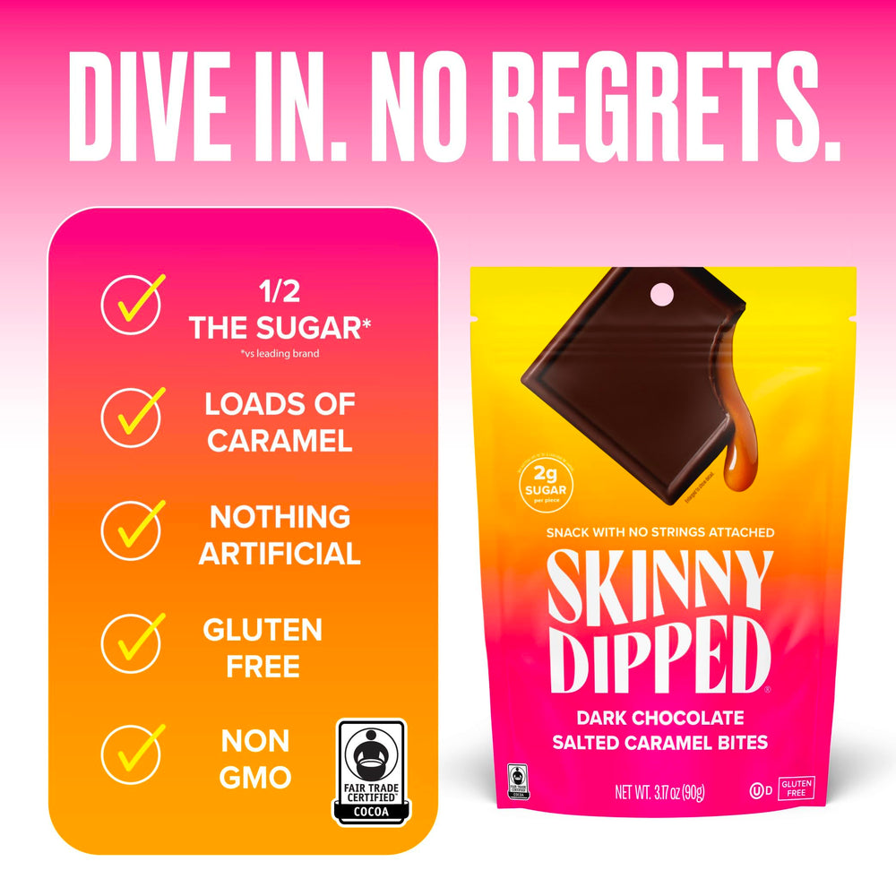 SkinnyDipped packaging with four bags shows easy, on-the-go snacking options.