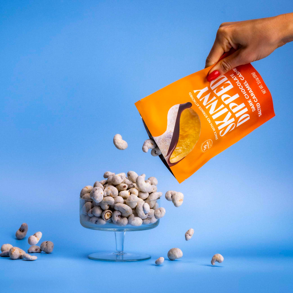 SkinnyDipped plant protein icon signals a protein-forward snack option.