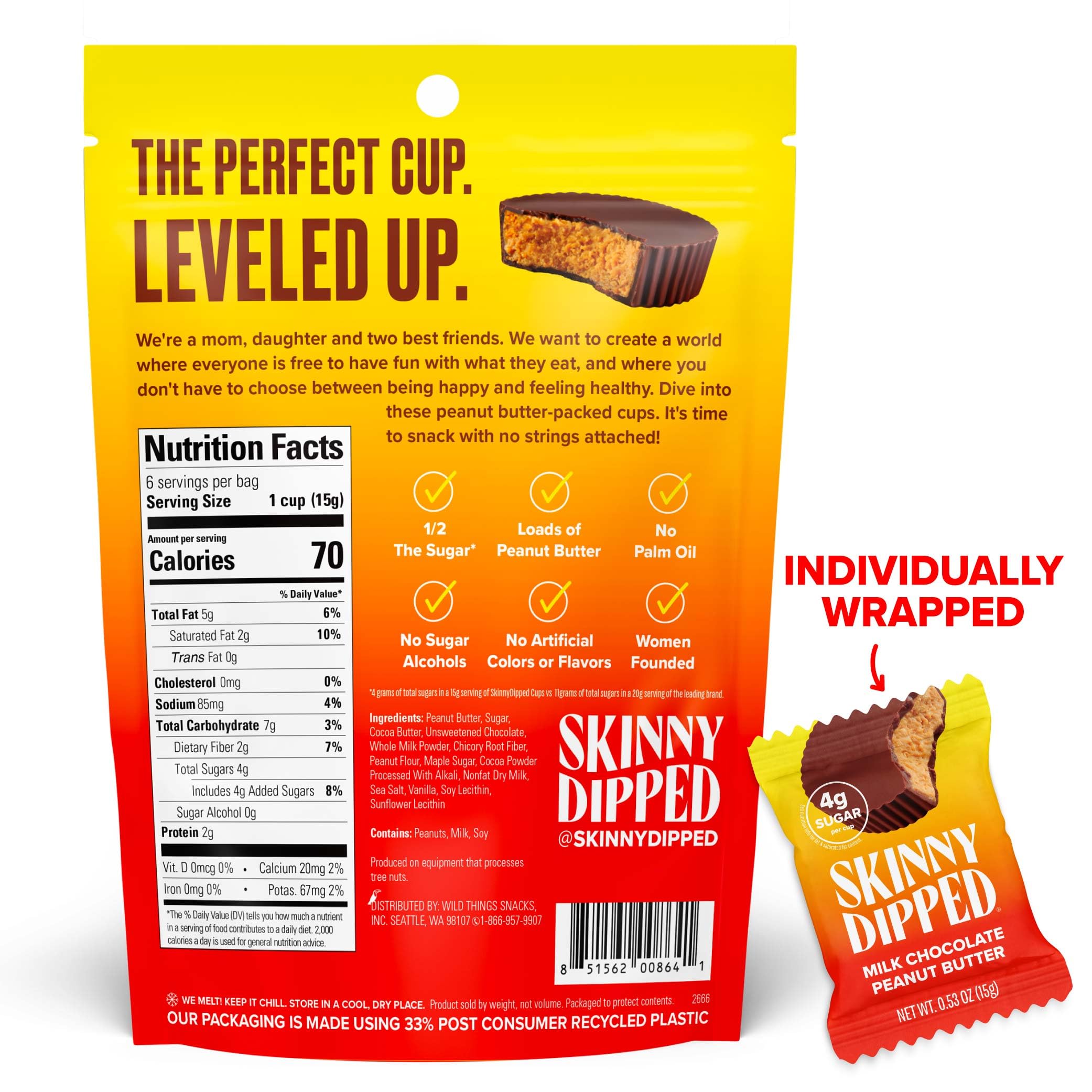 SkinnyDipped real peanut butter center highlights rich creamy filling.