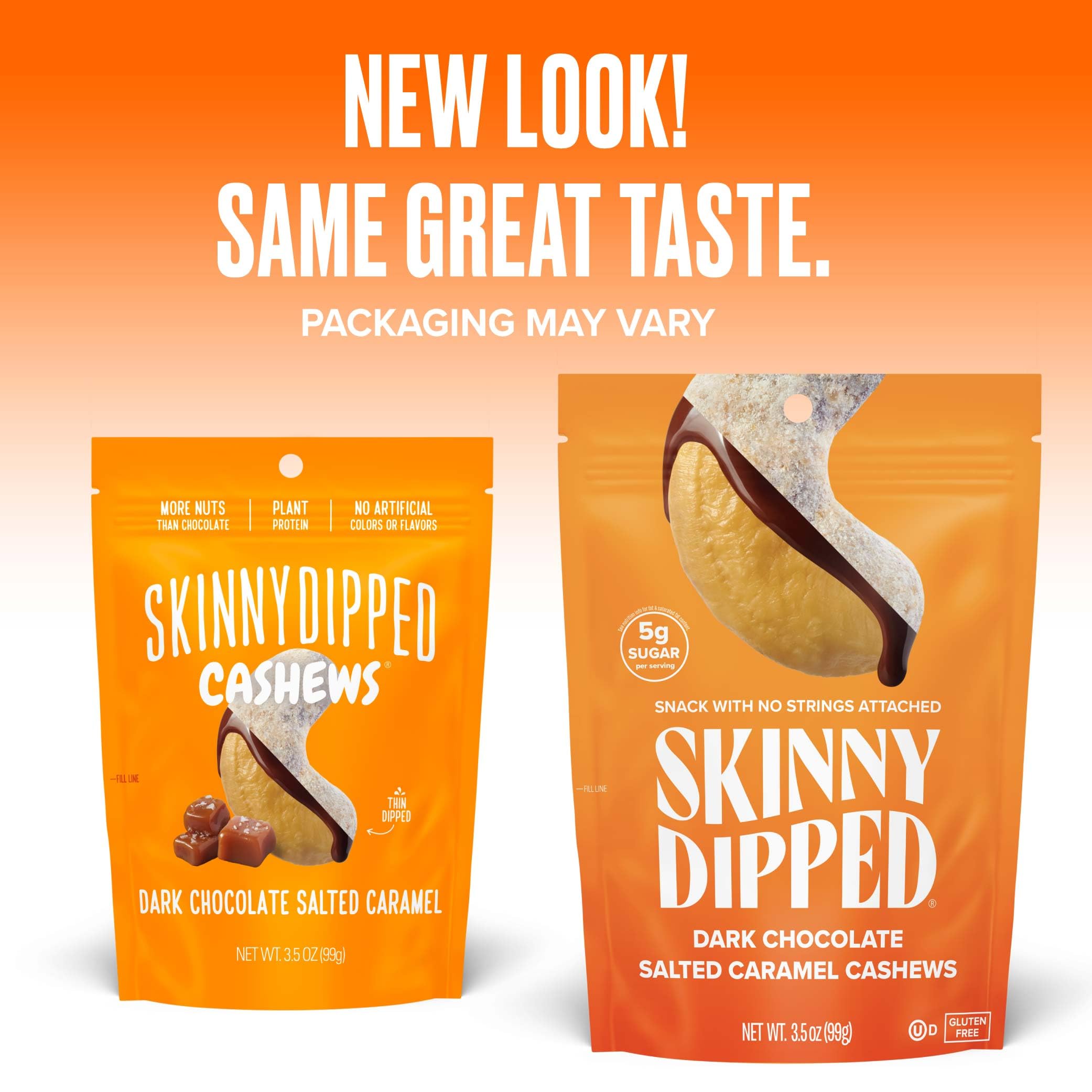 SkinnyDipped resealable bag open demonstrates easy portion control and freshness.
