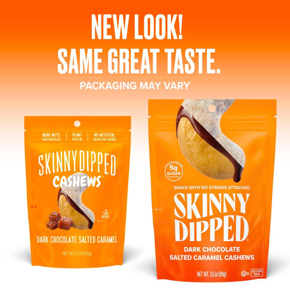 SkinnyDipped resealable bag open demonstrates easy portion control and freshness.