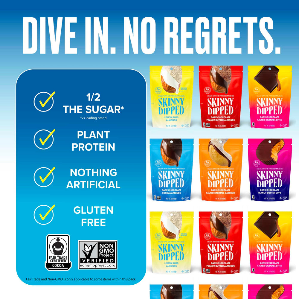 SkinnyDipped Salted Caramel Cashews packaging conveys a satisfying treat.