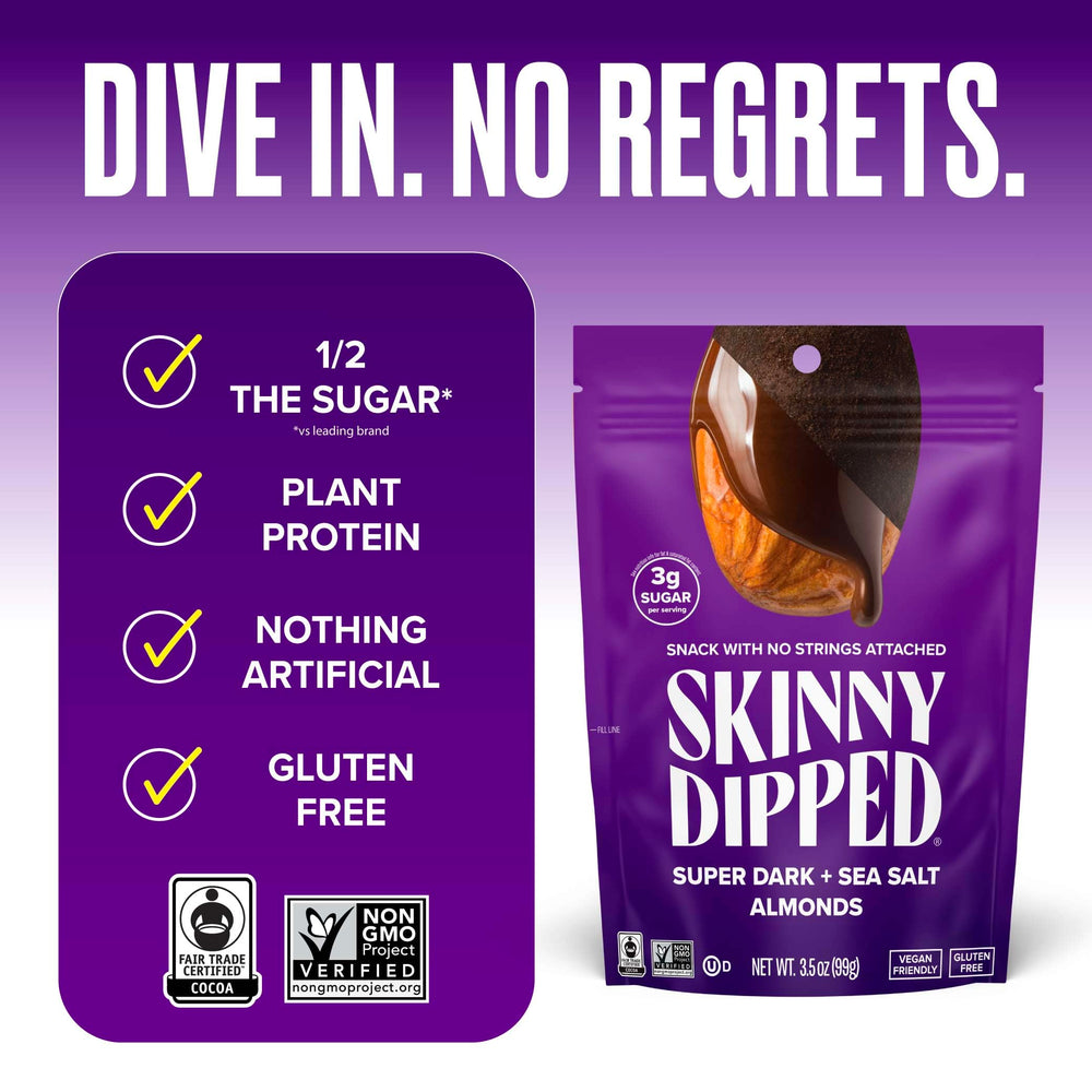 SKINNYDIPPED sea salt-dusted almonds with cocoa for a balanced sweet-salty bite.
