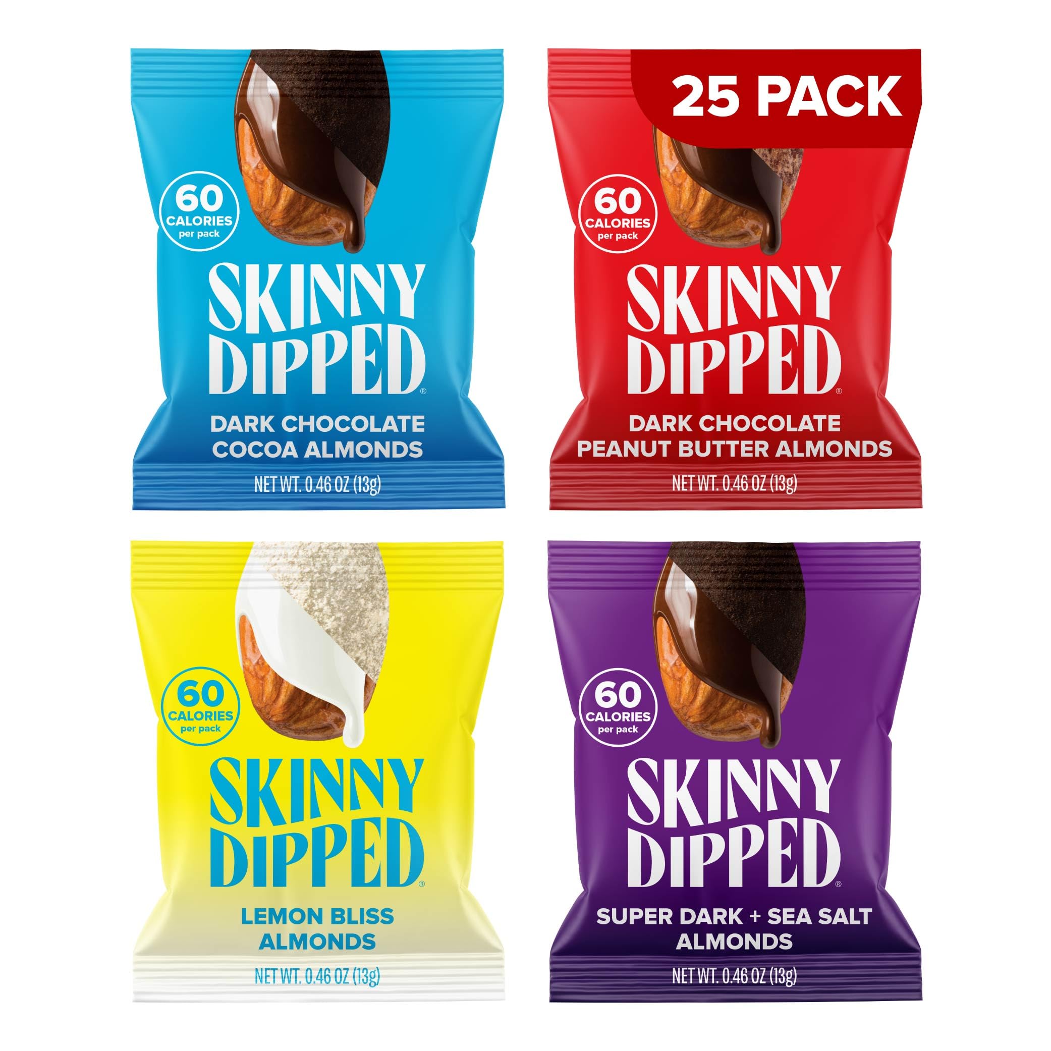 SKINNYDIPPED Snack Attack Minis almond variety pack for convenient on-the-go snacking.