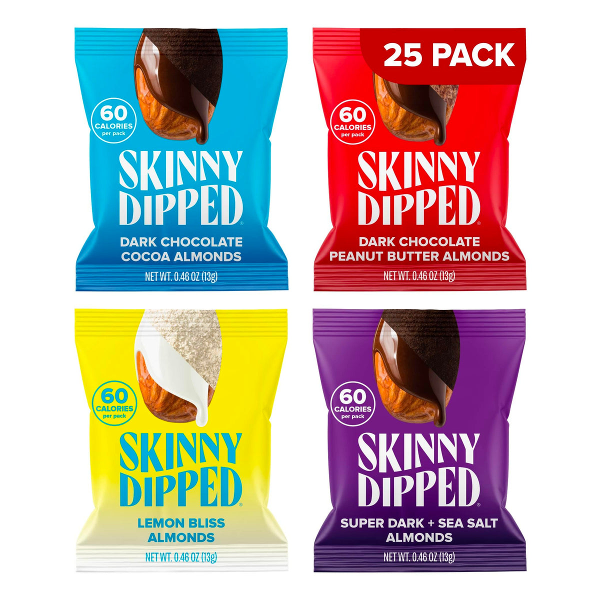 SKINNYDIPPED Snack Attack Minis almond variety pack for convenient on-the-go snacking.