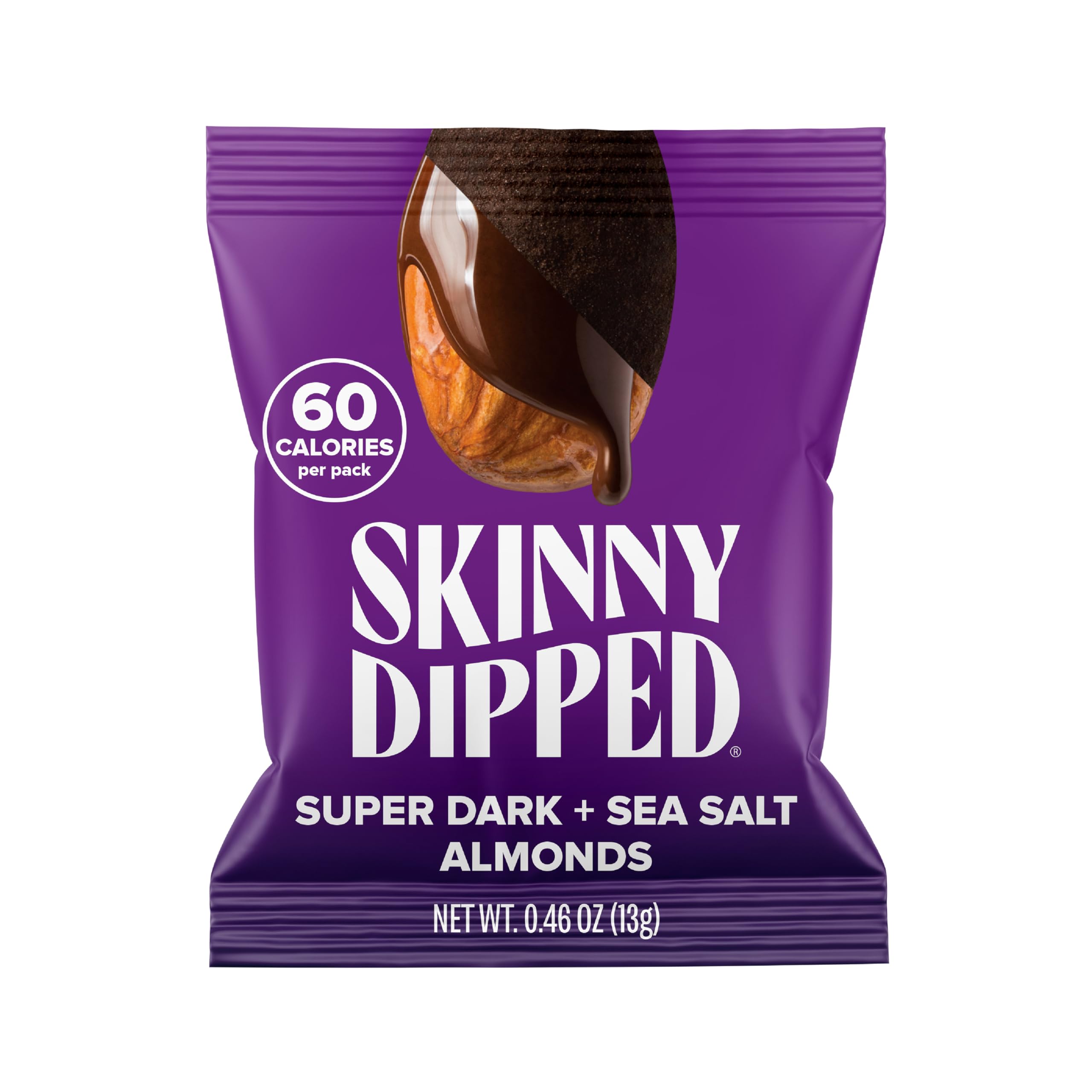SkinnyDipped Super Dark Almonds in a 0.46 oz bag, vegan chocolate coating, convenient snack