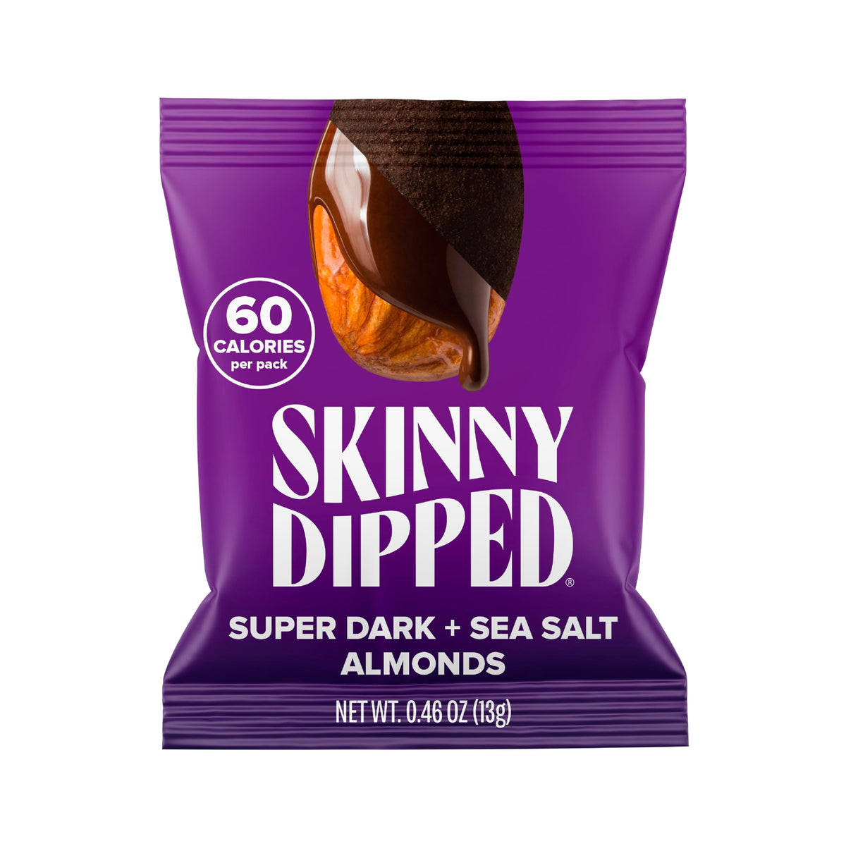 SkinnyDipped Super Dark Almonds in a 0.46 oz bag, vegan chocolate coating, convenient snack