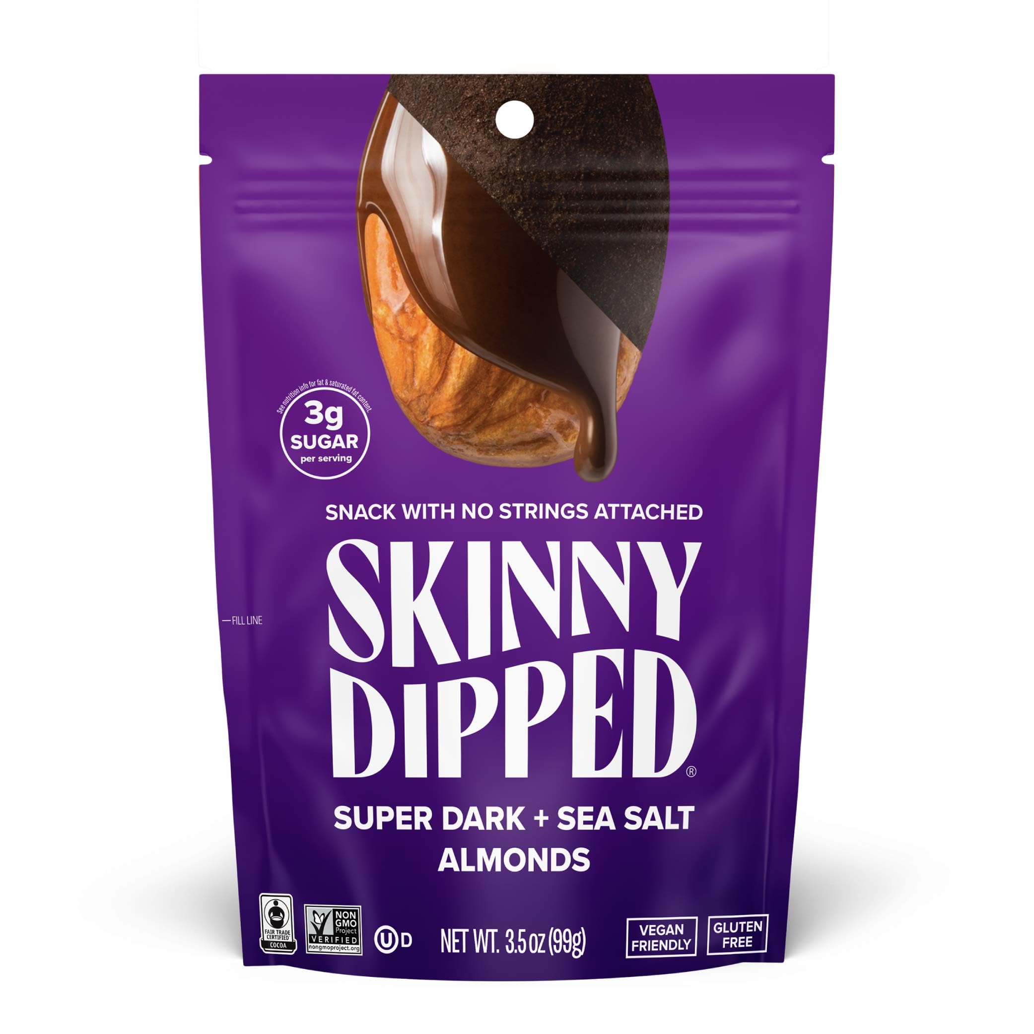 SkinnyDipped super dark almonds with sea salt in a resealable bag.