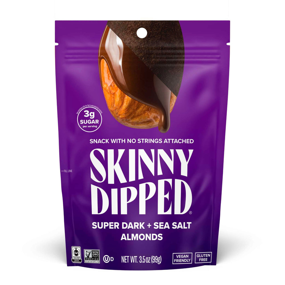 SkinnyDipped super dark almonds with sea salt in a resealable bag.