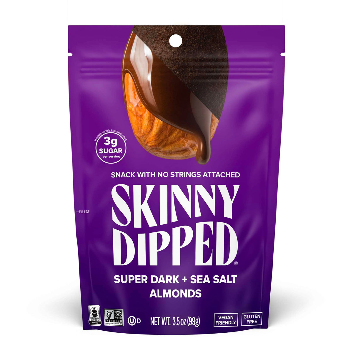 SkinnyDipped super dark almonds with sea salt in a resealable bag.