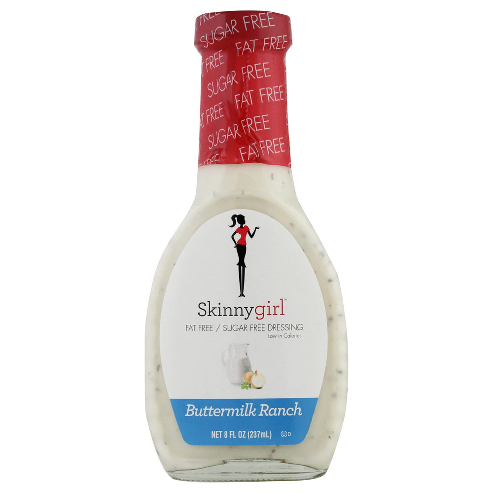 Skinnygirl Buttermilk Ranch Dressing bottle on counter showcasing a low-cal flavor boost for salads.