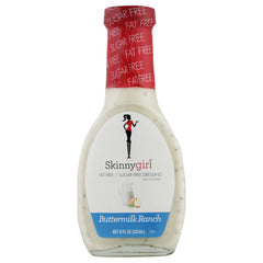 Skinnygirl Buttermilk Ranch Dressing bottle on counter showcasing a low-cal flavor boost for salads.