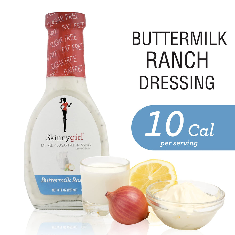Close-up on Skinnygirl Buttermilk Ranch Dressing label highlights brand and dietary-friendly attributes.