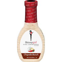 Skinnygirl chipotle ranch fat-free dressing bottle shows a light, low-calorie flavor option