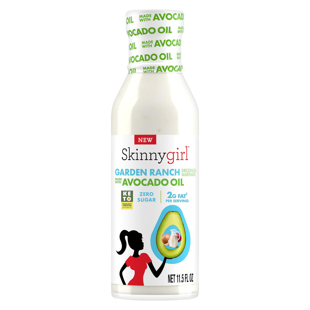 Skinnygirl Garden Ranch dressing bottle highlighting gluten-free, zero sugar characteristics.