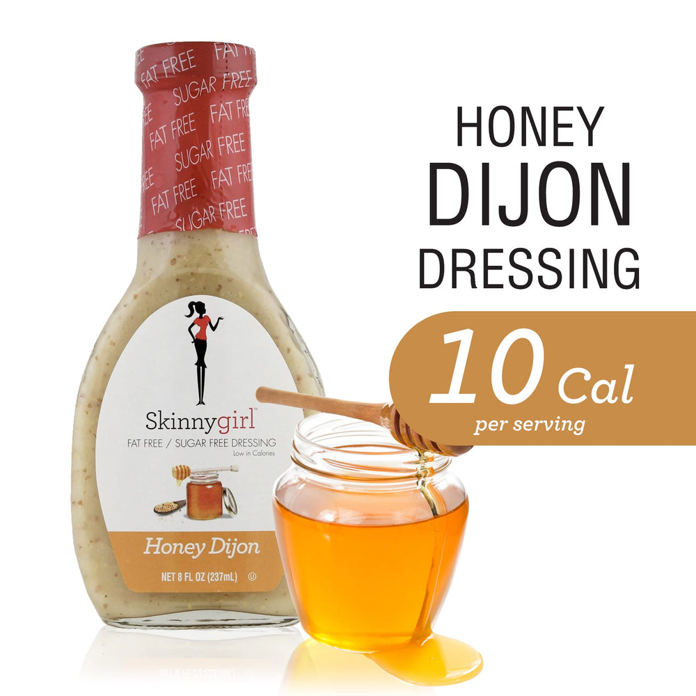 Skinnygirl Honey Dijon dressing label highlighting fat-free and sugar-free options.