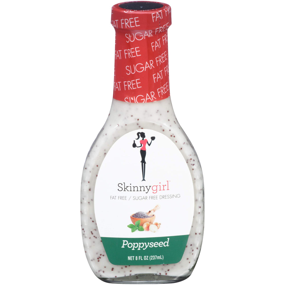 Skinnygirl Poppyseed Dressing bottle highlighting a light, sugar-free option for salads.