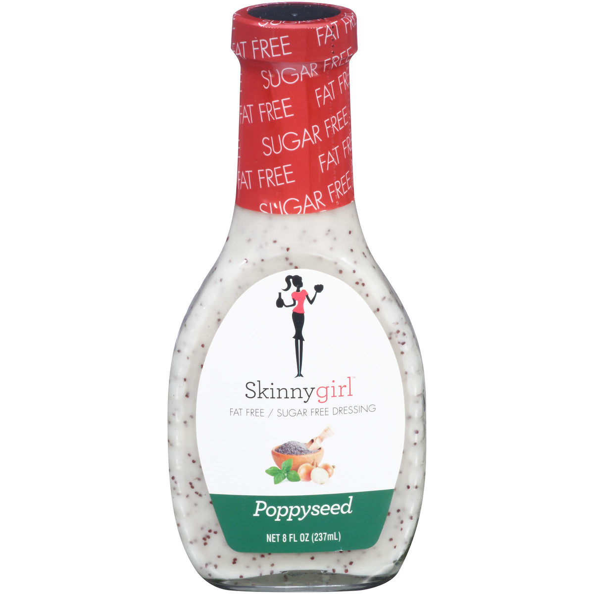Skinnygirl Poppyseed Dressing bottle highlighting a light, sugar-free option for salads.