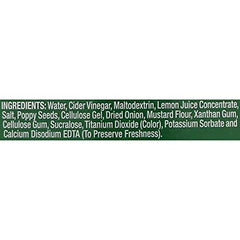 Close-up of Skinnygirl Poppyseed Dressing label showing gluten-free and fat-free attributes.