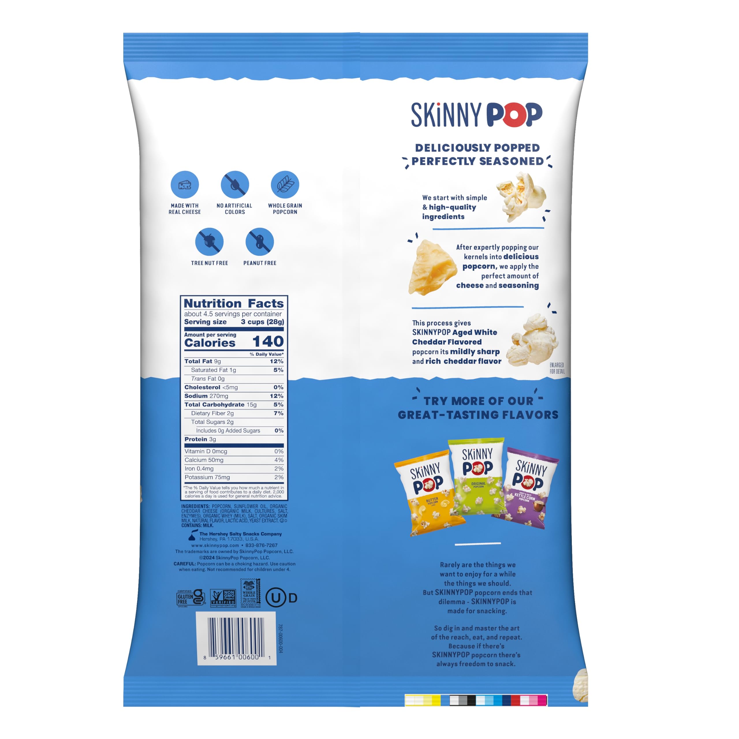 Close-up of SkinnyPop Aged White Cheddar bags highlighting real cheese flavor