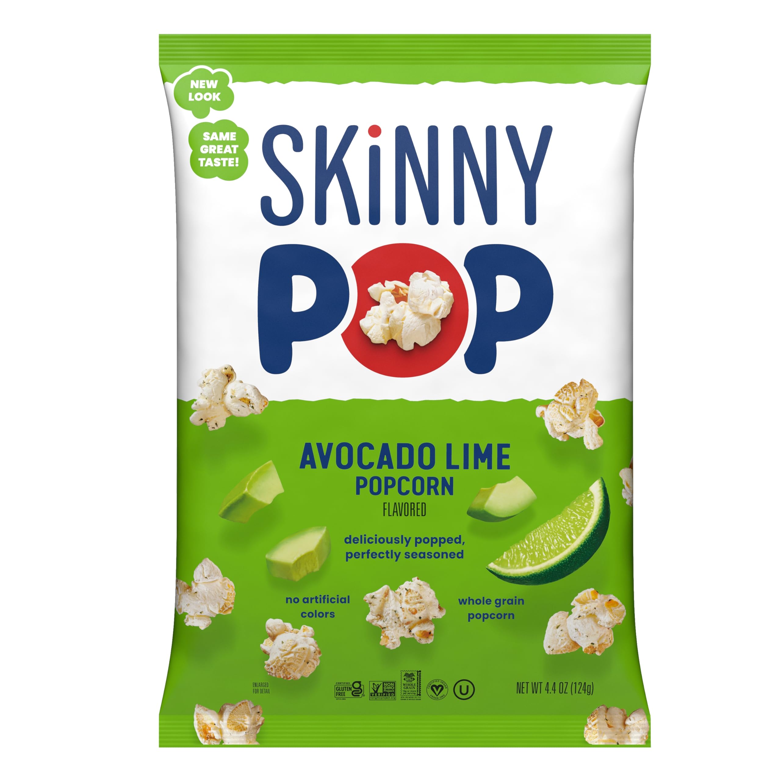 SkinnyPop Avocado Lime popcorn bag front showing dairy-free snack appeal