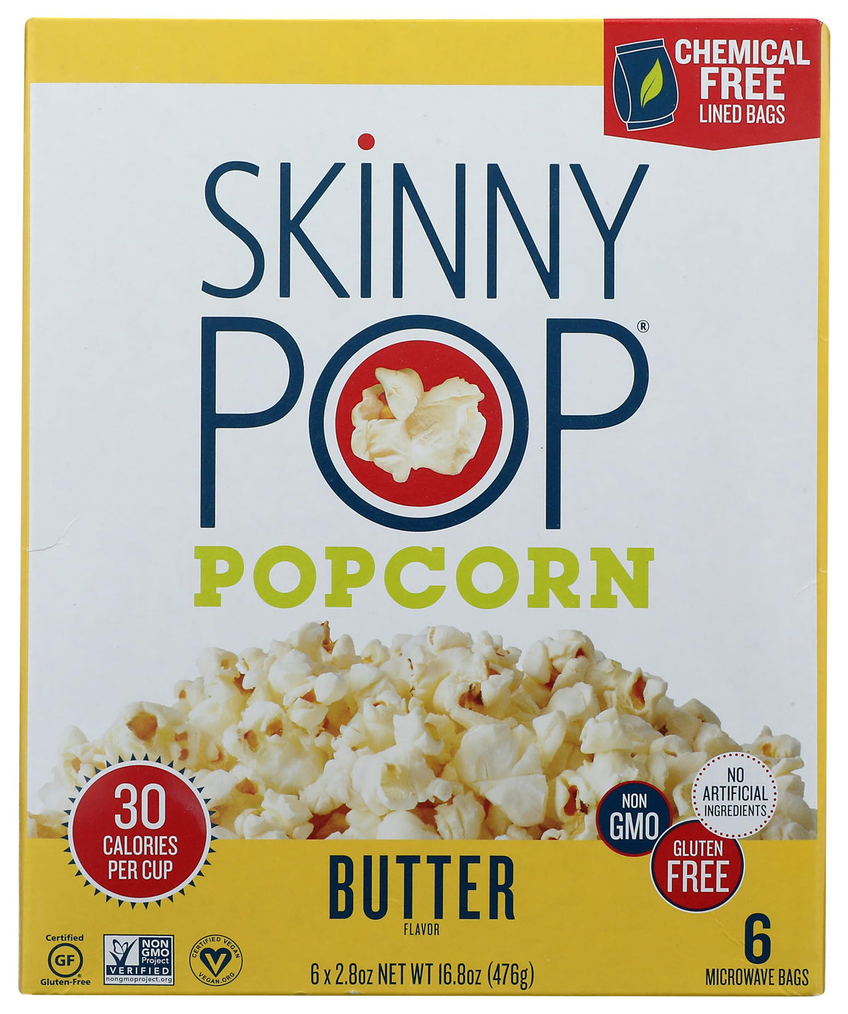 SkinnyPop Butter Microwave Popcorn bag shows branding and no hydrogenated fats